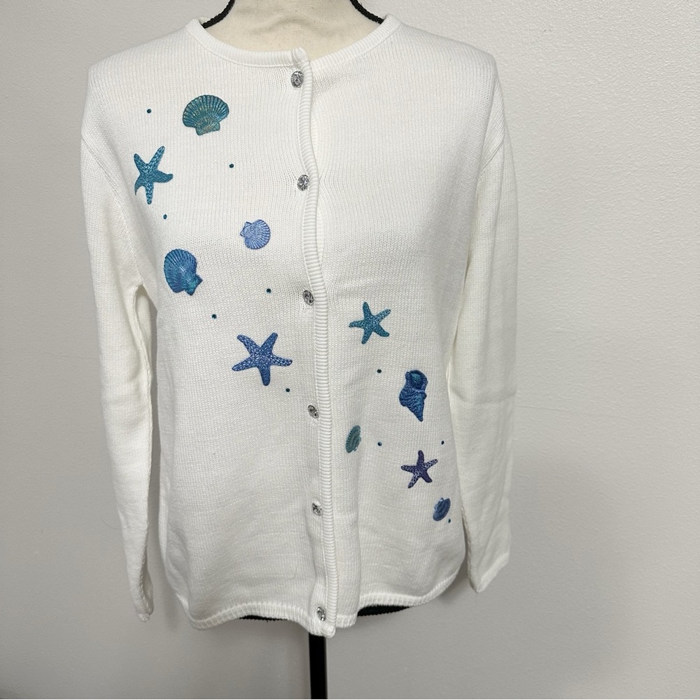 Tia Designs Beach theme sweater cardigan seashells size small Made in USA